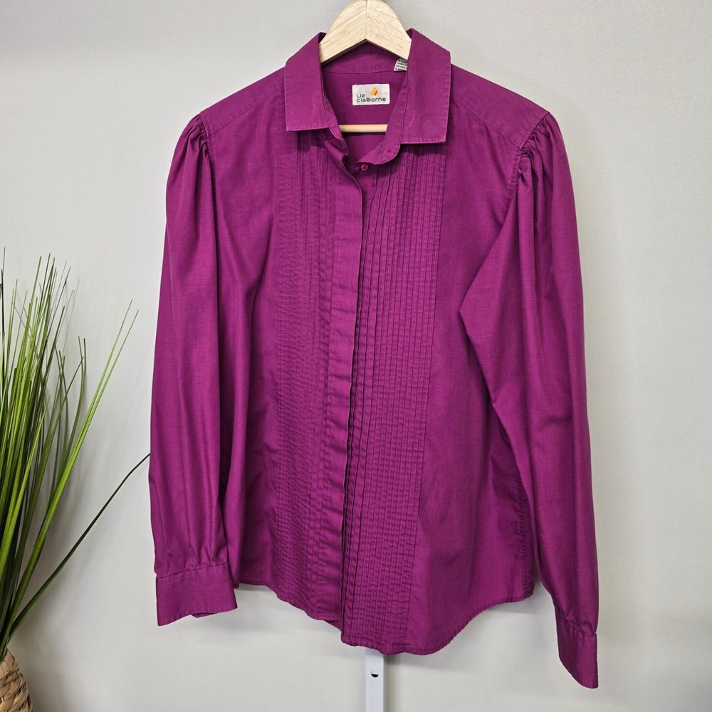 Liz Claiborne Vintage Magenta Pink Pleated Front Puff Sleeve Button‎ Down Shirt